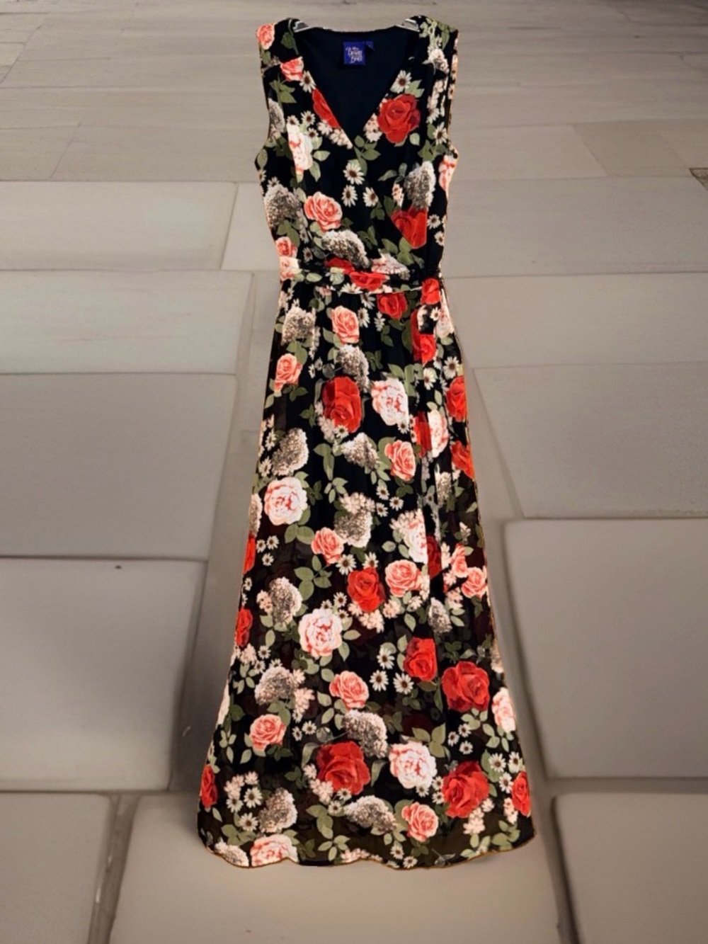 Disney Beauty &the Beast Black Floral Faux Wrap Maxi Dress-Red & Pink Roses-S-EC